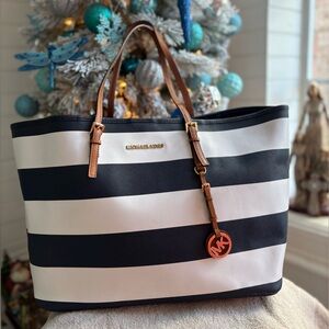 Michael Kors Jet Set Travel Navy and White Striped Tote